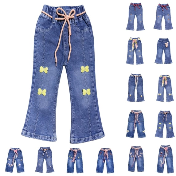 Hrsba Girls Flare Jeans Heart Embellishment Elastic Waist Versatile Outdoor Denim