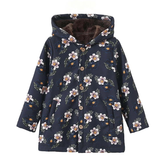 Hrsba Girls Hooded Jacket Print Long Sleeve Mid Length Coat Fleece Lined with Pockets Warm Fall Winter Outerwear