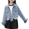 thumbnail image 1 of Hrsba Girls Jean Jackets Solid Color Lapel Long Sleeve Open Front Denim Outerwear Jean Jackets, 1 of 8