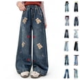 thumbnail image 1 of Hrsba Girls Jeans Full Length Straight Leg Wide Leg Denim Pants Embroidery and Print Soft Casual Daily Bottoms for Girls Fashion Outdoor Wearing, 1 of 7