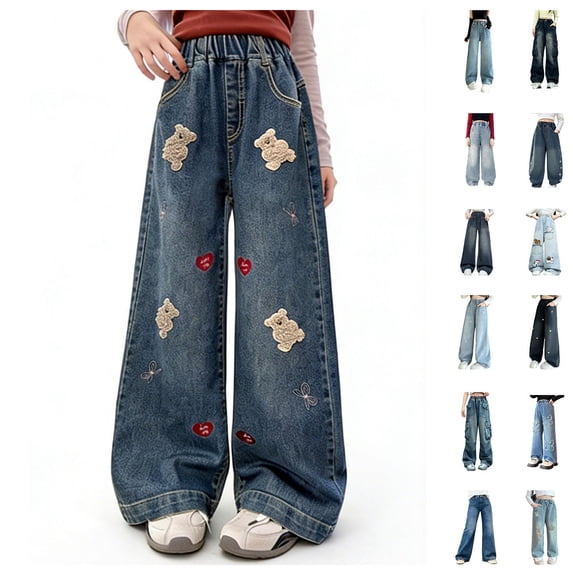 Hrsba Girls Jeans Full Length Straight Leg Wide Leg Denim Pants Embroidery and Print Soft Casual Daily Bottoms for Girls Fashion Outdoor Wearing