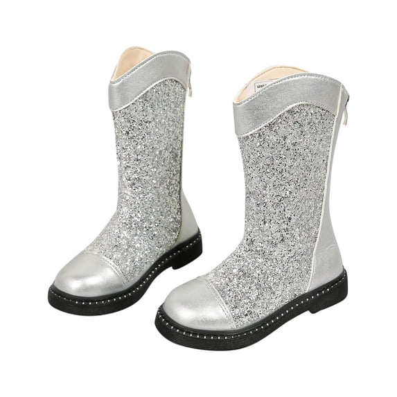Hrsba Girls Leather Boots,Side Zipper Solid Color Sequin Fashion Show Princess High Top Boots