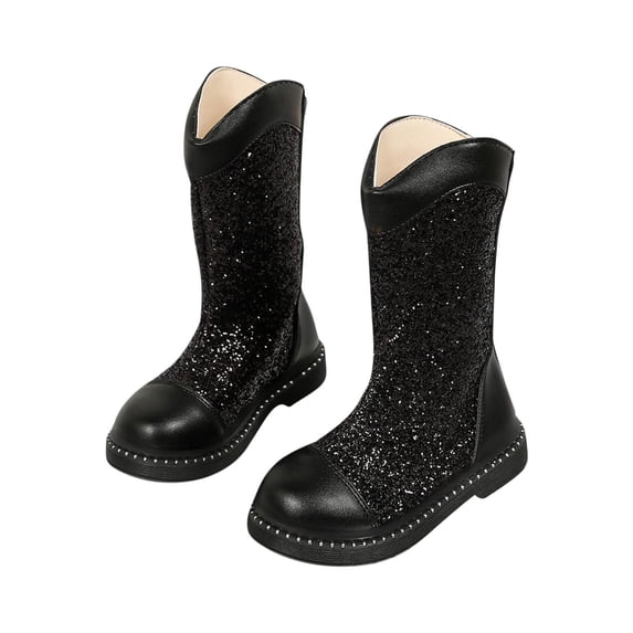 Hrsba Girls Leather Boots,Side Zipper Solid Color Sequin Fashion Show Princess High Top Boots