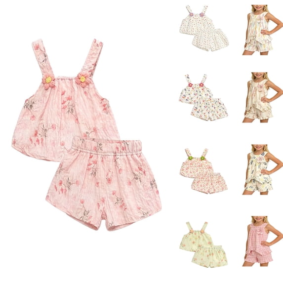 Hrsba Girls Matching Outfits Summer Print Round Neck Camisole Top Stylish Bud Short Pant Outfit