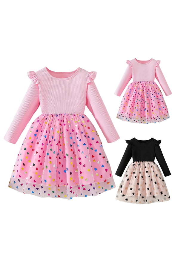 Girls Princess Dress Long Sleeve Round Neck Star Print Mesh Skirt Party Holiday Wedding Occasion Girls Party Dress