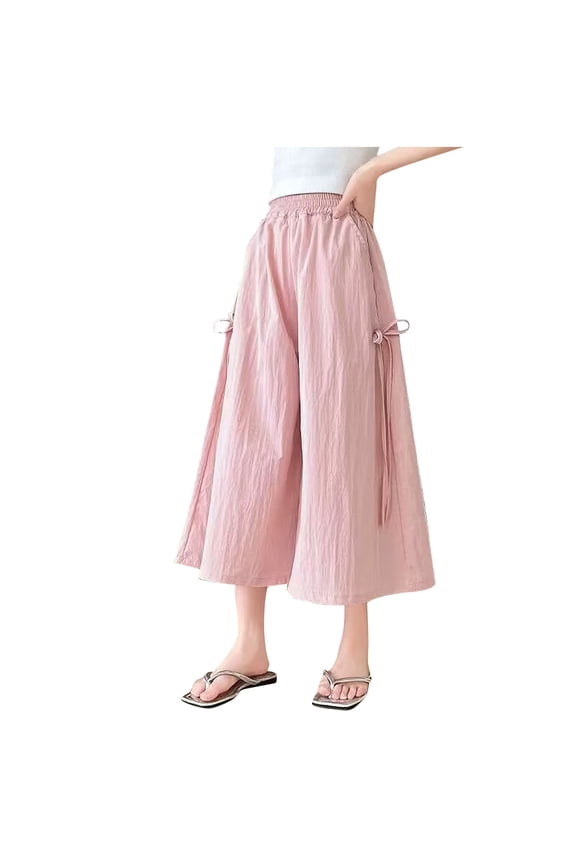 Girls Capris Solid Color Ice Silk Fabric Elastic Waist Side Pocket Bow Loose Casual Cropped Pants