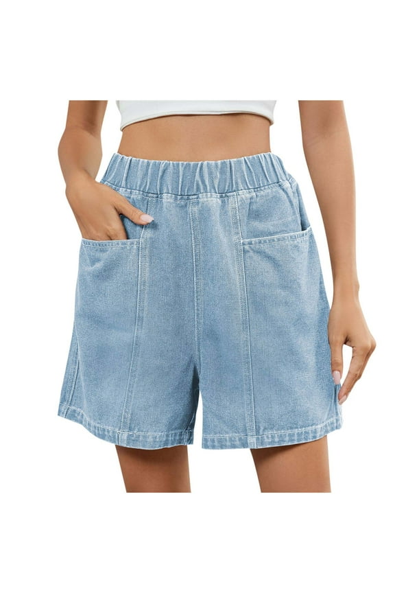 Casual Patchwork Denim Jean Shorts for Women Elastic Waist Loose Wear with Side Pockets Lightweight Summer Daily Outdoor Activities Bottoms