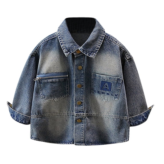 Hrsba Kids Denim Jacket Decorative Detail Lapel Long Sleeve Open Front Denim Outerwear Denim Jacket