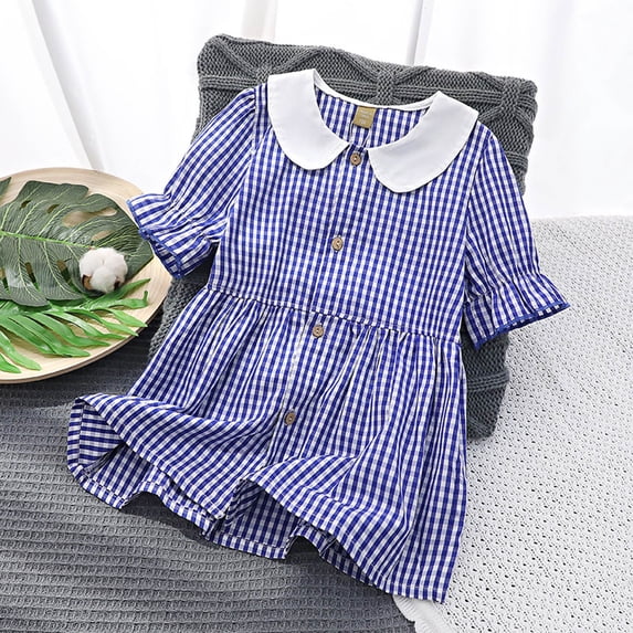 Hrsba Girls Summer Dress Plaid Print Short Sleeve Lapel Shirt Dress Lightweight Breathable for Little Girls