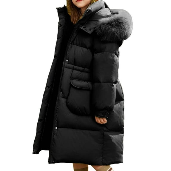 Hrsba Kids Fashionable Solid Color Outerwear Winter Thickened Hooded Warm Coat Hooded Down Coat Zipper Fleece Lined Medium To Long Jacket with Pocket for 5-16Y