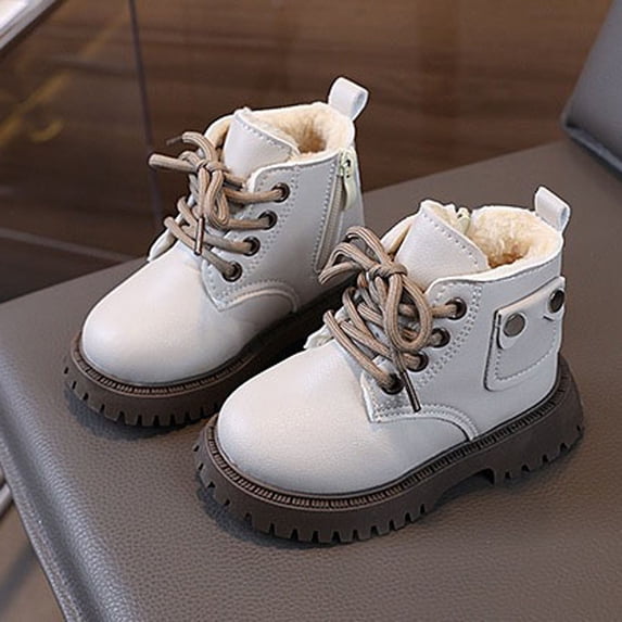Hrsba Kids Leather Boots,Lace Up Solid Color Thick Fleece Lined British Short Snow Boots