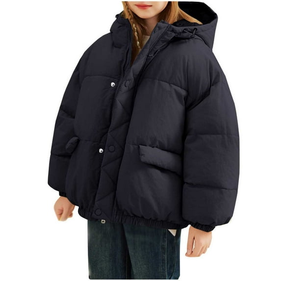 Hrsba Kids Medium To Long Woolen Jacket Children's Winter Thickened Hooded Warm Coat Solid Color Long - Sleeve Coat for 3-- 13Y