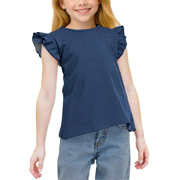 Hrsba Kids Short Sleeve Shirt Girls Crew Neck Short Sleeve Solid Color Ruffle Summer Casual Shirt Lightweight Tee Airy Wear Pullover Style