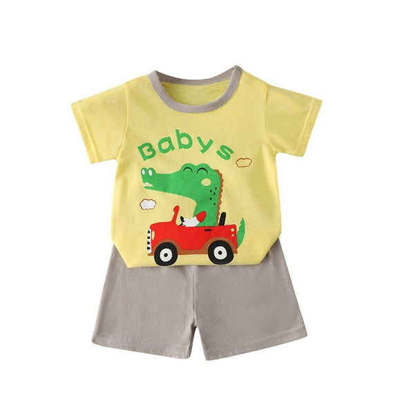 Hrsba Kids Summer 2 Piece Outfits Sets,Children's Round Neck Short Sleeved Elastic Waist Shorts Casual Home Suit Set,Toddler Summer Short Sleeve Round-Neck Blouses & Shirts Sets