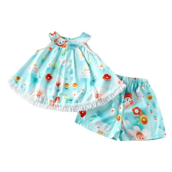 Hrsba Kids Summer 2 Piece Outfits Sets,Children's Round Neck Sleeveless Neck Top Elastic Waist Shorts Summer Casual Set Summer 2 Piece Outfits,Toddler Summer Round-Neck Tank Top Sets