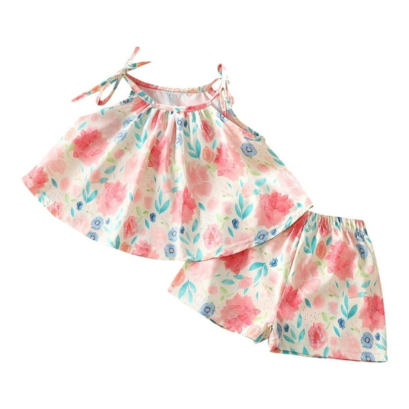 Hrsba Kids Summer 2 Piece Outfits Sets,Children's Round Neck Sleeveless Neck Top Elastic Waist Shorts Summer Casual Set Summer 2 Piece Outfits,Toddler Summer Round-Neck Tank Top Sets