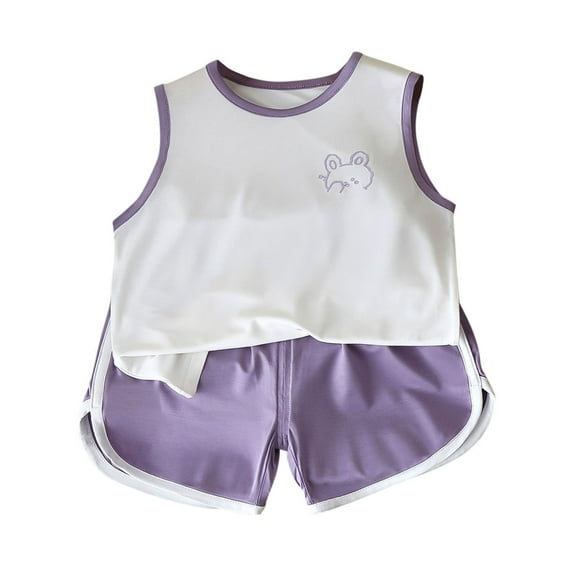 Hrsba Kids Summer 2 Piece Outfits Sets,Girl Casual Sleeveless Round Neck Shorts Printed Set Breathable Two Piece Set,Toddler Summer Round-Neck Tank Top Sets