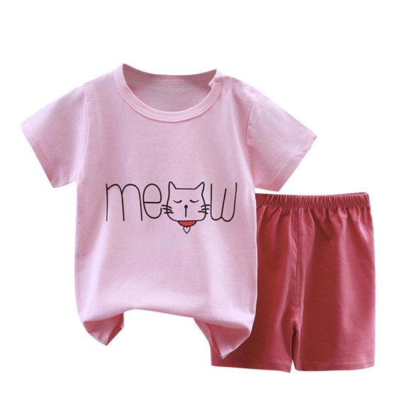 Hrsba Kids Summer 2 Piece Outfits Sets,Summer Thin Round Neck Short Sleeved Set Home Wear Two-piece Set Cute Print Two-piece Set,Toddler Summer Short Sleeve Round-Neck Blouses & Shirts Sets