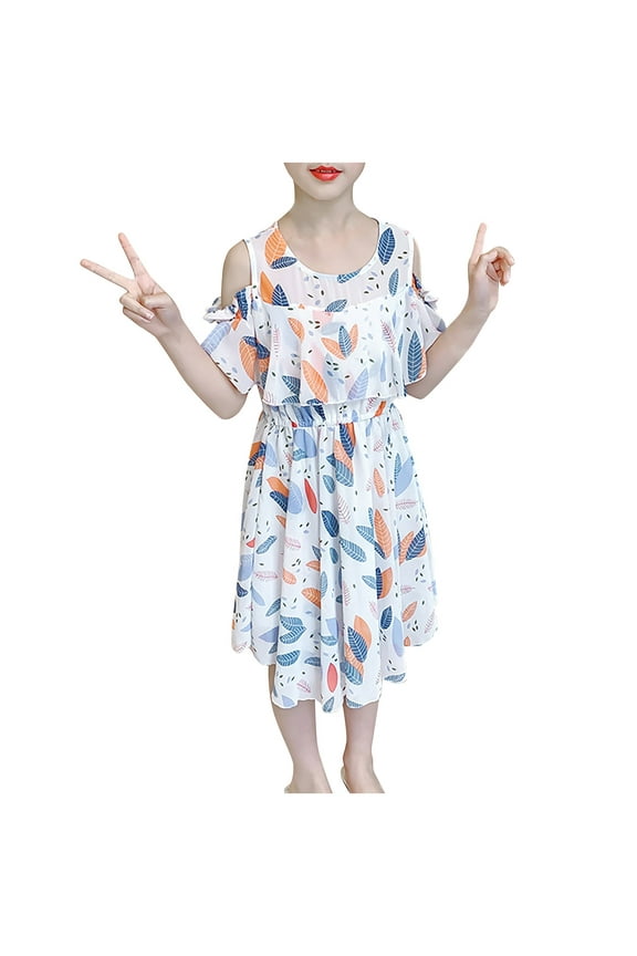 Kids Summer Dress,Casual Dress for Girls,8-14 Years Girls' Middle And Senior High School Fashion Off Shoulder Bohemian Holiday Skirt Short Sleeve Round Neck Dress