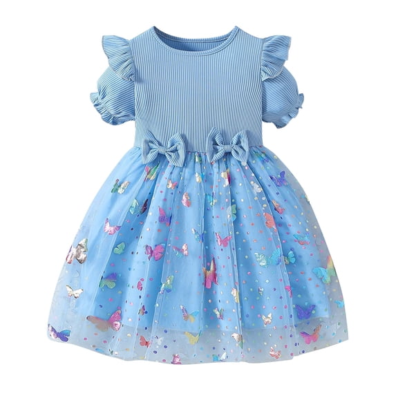 Hrsba Kids Summer Dress,Casual Dress for Girls,1-8 Years Girl's Sweet Flower Mesh Short Sleeve Flying Sleeve Dress Short Sleeve Round Neck Dress
