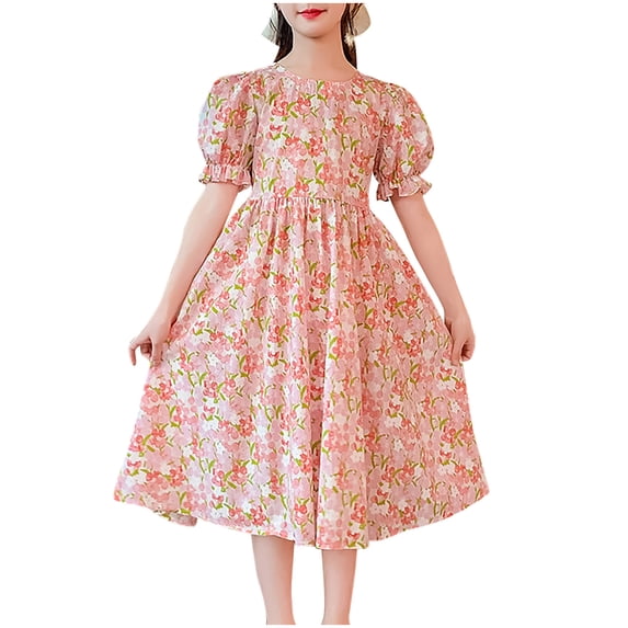 Hrsba Casual Dress for Girls,8-14 Years Girls' Floral Sleeves French Oil Painting Style Short Sleeved Round Neck Dress,Kids Summer Dress,Pink ,140