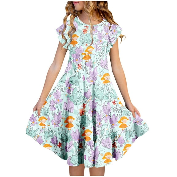Hrsba Kids Summer Dress,Casual Dress for Girls,Girls' Summer Flower Print Short Sleeve Ruffled Pockets Round-Neck Printed Dress For Kids