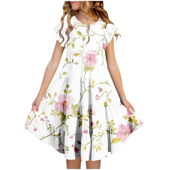 Hrsba Kids Summer Dress,Casual Dress for Girls,Girls' Summer Flower Print Short Sleeve Ruffled Pockets Round-Neck Printed Dress For Kids