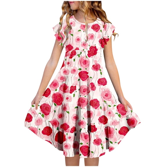 Hrsba Kids Summer Dress,Casual Dress for Girls,Girls' Summer Flower Print Short Sleeve Ruffled Pockets Round-Neck Printed Dress For Kids