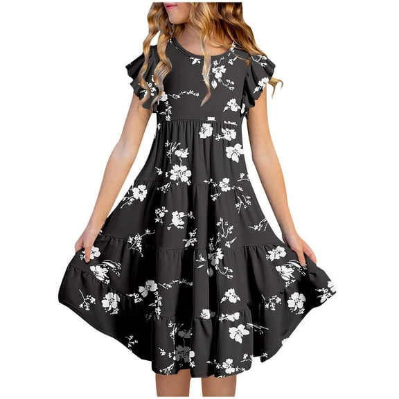Hrsba Kids Summer Dress,Casual Dress for Girls,Girls' Summer Flower Print Short Sleeve Ruffled Pockets Round-Neck Printed Dress For Kids