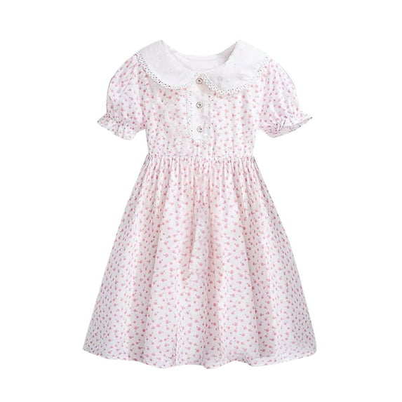 Hrsba Kids Summer Dress,Casual Dress for Girls,Summer Retro Solid Color Lapel Stylish Mid Size Children's Dress Short Sleeved Summer Princess Dress,Pink ,6 Years