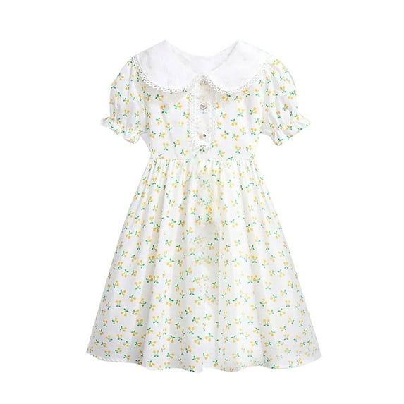 Hrsba Kids Summer Dress,Casual Dress for Girls,Summer Retro Solid Color Lapel Stylish Mid Size Children's Dress Short Sleeved Summer Princess Dress