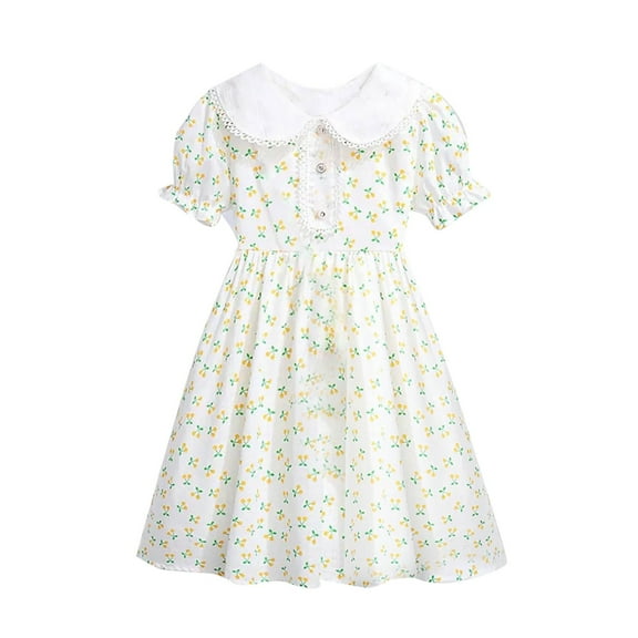 Hrsba Kids Summer Dress,Casual Dress for Girls,Summer Retro Solid Color Lapel Stylish Mid Size Children's Dress Short Sleeved Summer Princess Dress