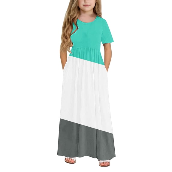 Hrsba Kids Summer Dress,Casual Dress for Girls,Toddler Kids Girls Cute Color Block Print Short Sleeve Stretchy Pocket Dress A Line Long Dress