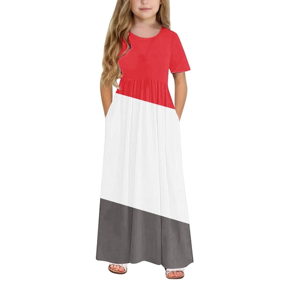 Hrsba Kids Summer Dress,Casual Dress for Girls,Toddler Kids Girls Cute Color Block Print Short Sleeve Stretchy Pocket Dress A Line Long Dress
