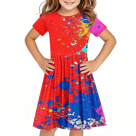 Hrsba Kids Summer Dress,Casual Dress for Girls,Toddler Kids Girls Cute Solid Color Print Short Sleeve Stretchy Dress A Line Dress