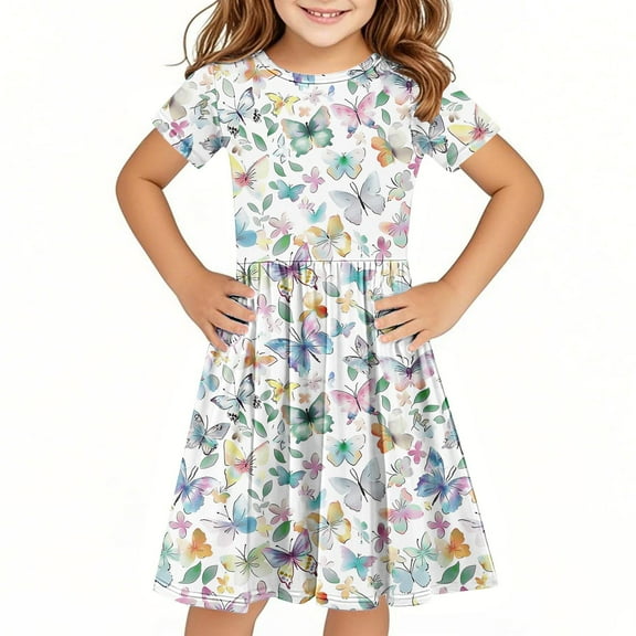 Hrsba Kids Summer Dress,Casual Dress for Girls,Toddler Kids Girls Cute Solid Color Print Short Sleeve Stretchy Dress A Line Dress
