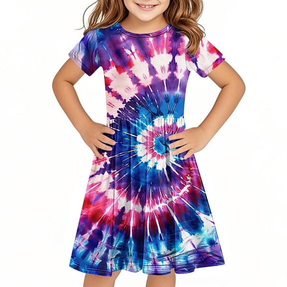 Hrsba Casual Dress for Girls,Toddler Kids Girls Cute Solid Color Print Short Sleeve Stretchy Dress A Line Dress,Kids Summer Dress,Multicolor ,7 Years