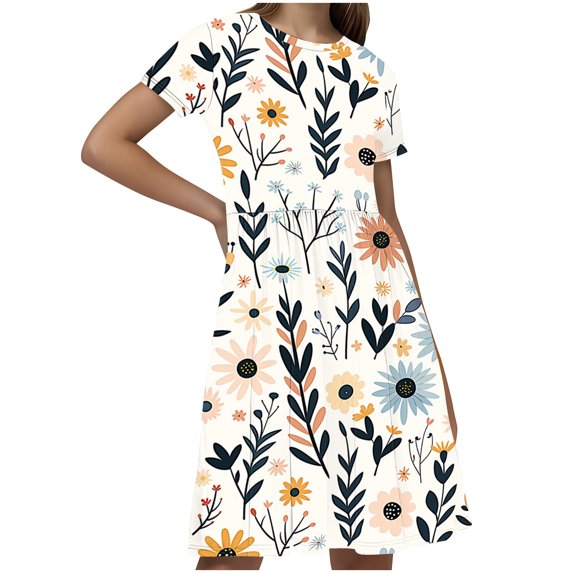 Hrsba Kids Summer Dress,Casual Dress for Girls,Toddler Kids Girls Print Short Sleeve Stretchy Dress A Line Dress