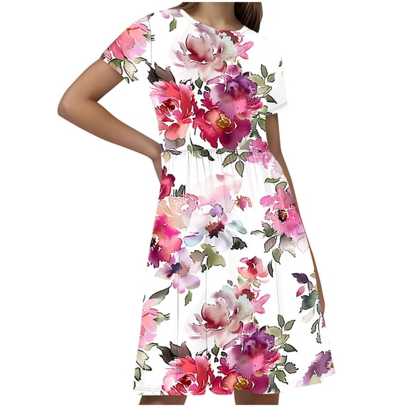 Hrsba Kids Summer Dress,Casual Dress for Girls,Toddler Kids Girls Print Short Sleeve Stretchy Dress A Line Dress