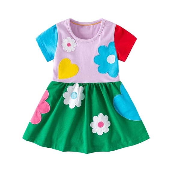 Hrsba Kids Summer Dress,Casual Dress for Girls,Toddler Kids Kids Girls Fashion Cute Solid Color Flower Print Short Sleeved Dress,Multicolor ,3 Years