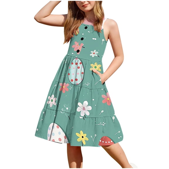 Hrsba Kids Summer Dress,Casual Sleeveless Dress for Girls,2-12 Years Girls' Summer Casual Sleeveless Button Hem Flowing Layered With Pockets Sleeveless Round Neck Dress