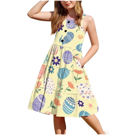 Hrsba Kids Summer Dress,Casual Sleeveless Dress for Girls,2-12 Years Girls' Summer Casual Sleeveless Button Hem Flowing Layered With Pockets Sleeveless Round Neck Dress