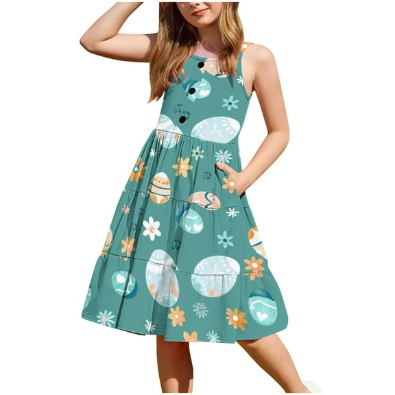 Hrsba Kids Summer Dress,Casual Sleeveless Dress for Girls,2-12 Years Girls' Summer Casual Sleeveless Button Hem Flowing Layered With Pockets Sleeveless Round Neck Dress
