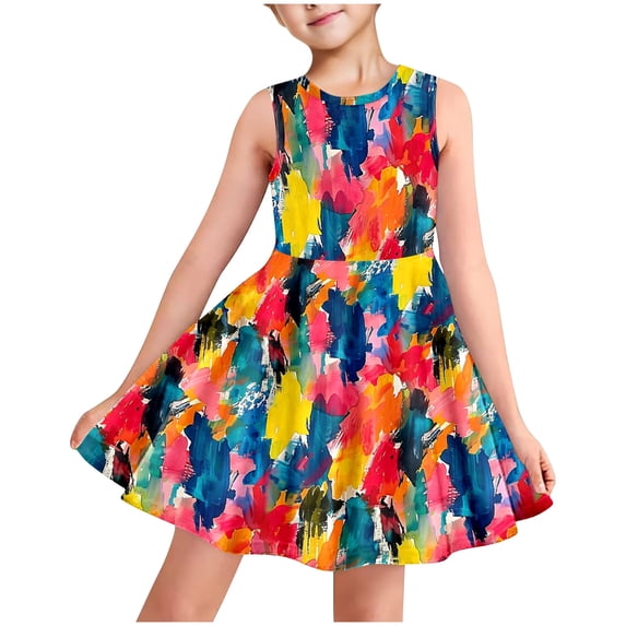 Hrsba Kids Summer Dress,Casual Sleeveless Dress for Girls,Fashionable Full-print Children's Round-neck Sleeveless Dress With Pockets For Middle And Large Children