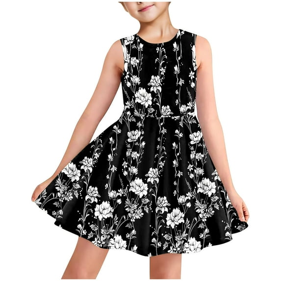 Hrsba Kids Summer Dress,Casual Sleeveless Dress for Girls,Fashionable Full-print Children's Round-neck Sleeveless Dress With Pockets For Middle And Large Children