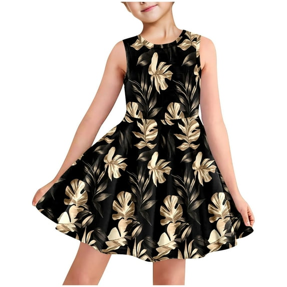 Hrsba Kids Summer Dress,Casual Sleeveless Dress for Girls,Fashionable Full-print Children's Round-neck Sleeveless Dress With Pockets For Middle And Large Children