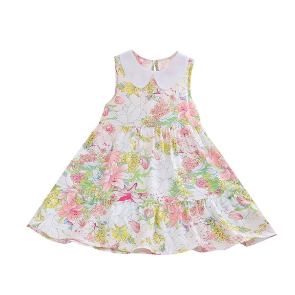 Hrsba Kids Summer Dress,Casual Sleeveless Dress for Girls,Summer Girl Children's Sleeveless Doll Collar Cotton Silk Skirt Thin Children's Baby Cool Floral Dress Big Skirt Beach Skirt