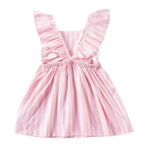 Hrsba Casual Sleeveless Dress for Girls,1-6 Years Summer Girls' Sweet Bow Striped Flying Sleeve Suspender Dress,Kids Summer Dress,Pink ,90