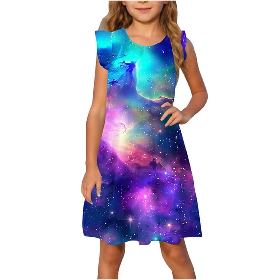 Hrsba Kids Summer Dress,Casual Sleeveless Dress for Girls,Toddler Girls Dress Summer Ruffle Sleeve Starlit Sky Printed Sundress Outfit For Kids 4-14T
