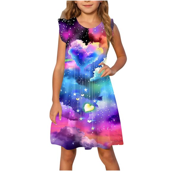 Hrsba Kids Summer Dress,Casual Sleeveless Dress for Girls,Toddler Girls Dress Summer Ruffle Sleeve Starlit Sky Printed Sundress Outfit For Kids 4-14T